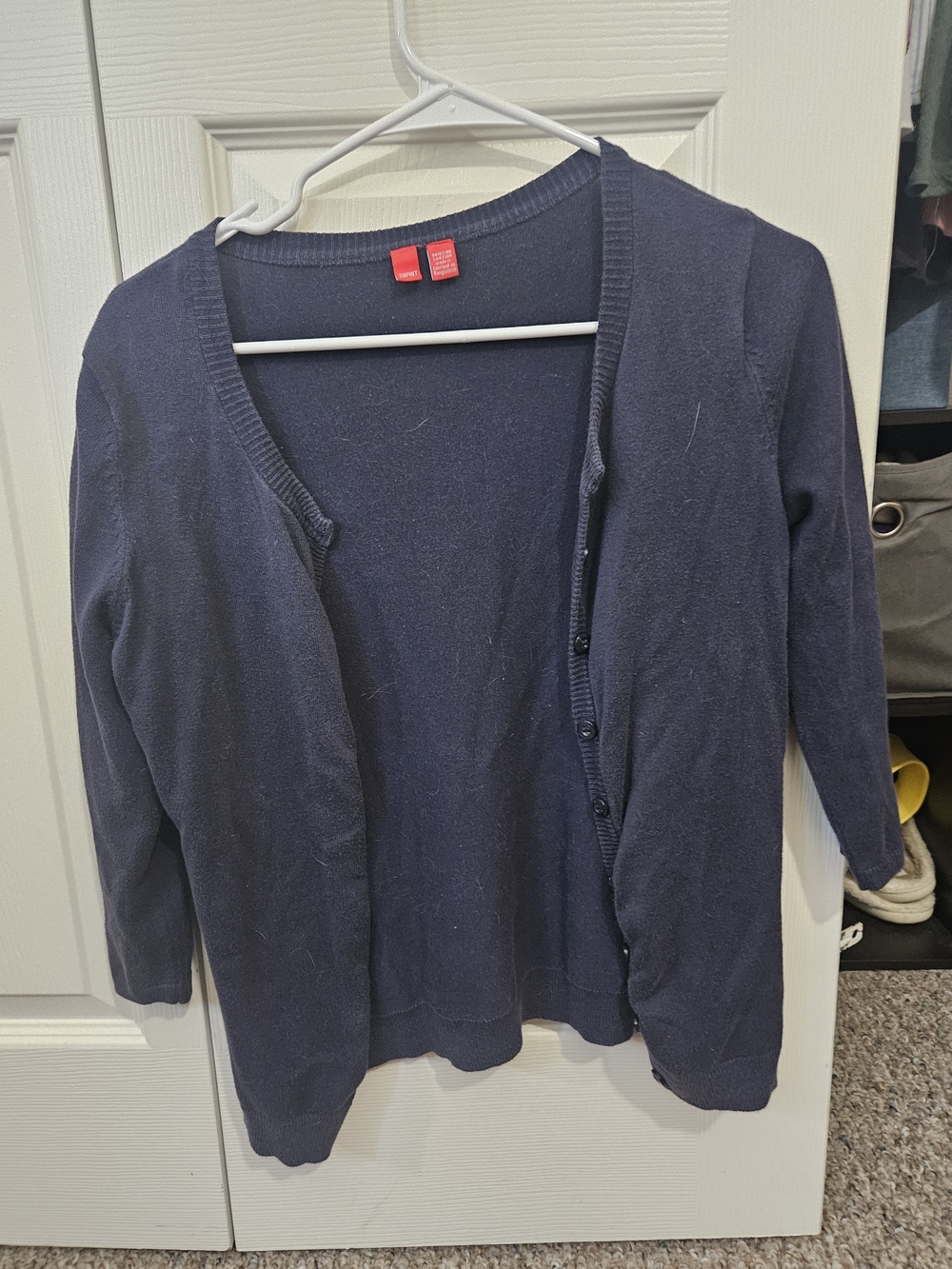 Women's Navy Button-Front Cardigan Sweater. Quarter Sleeve